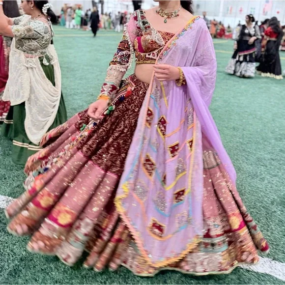 Annu Patel Navratri Pink and Red Lehenga with Intricate Embroidery for Garba - Picture 1 of 6